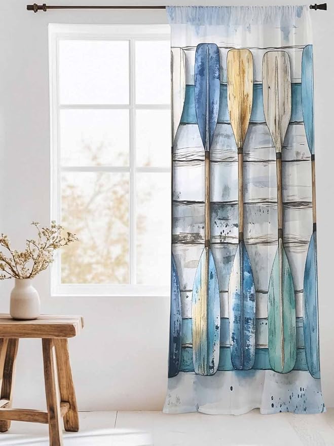 Sheer Curtains 108 Inches Long, Lake Paddle Striped Semi Sheer Curtains Light