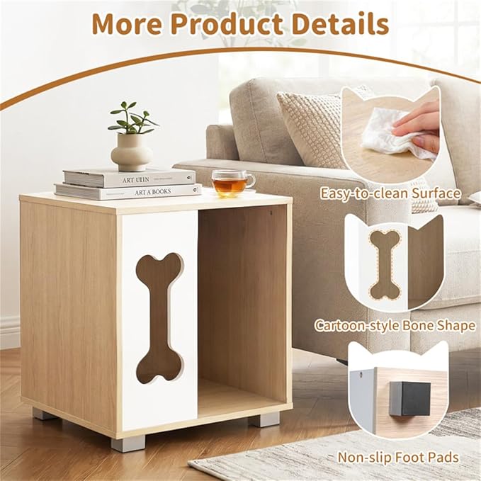 Wooden Dog House Bed & Side Table – Modern Dog Condo with Bone-Shaped Window and Sturdy Metal Legs