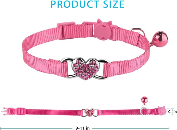 2 Pcs Cat Collars Heart Bling Breakaway with Bell Nylon Adjustable for Kitty (Pink+red)