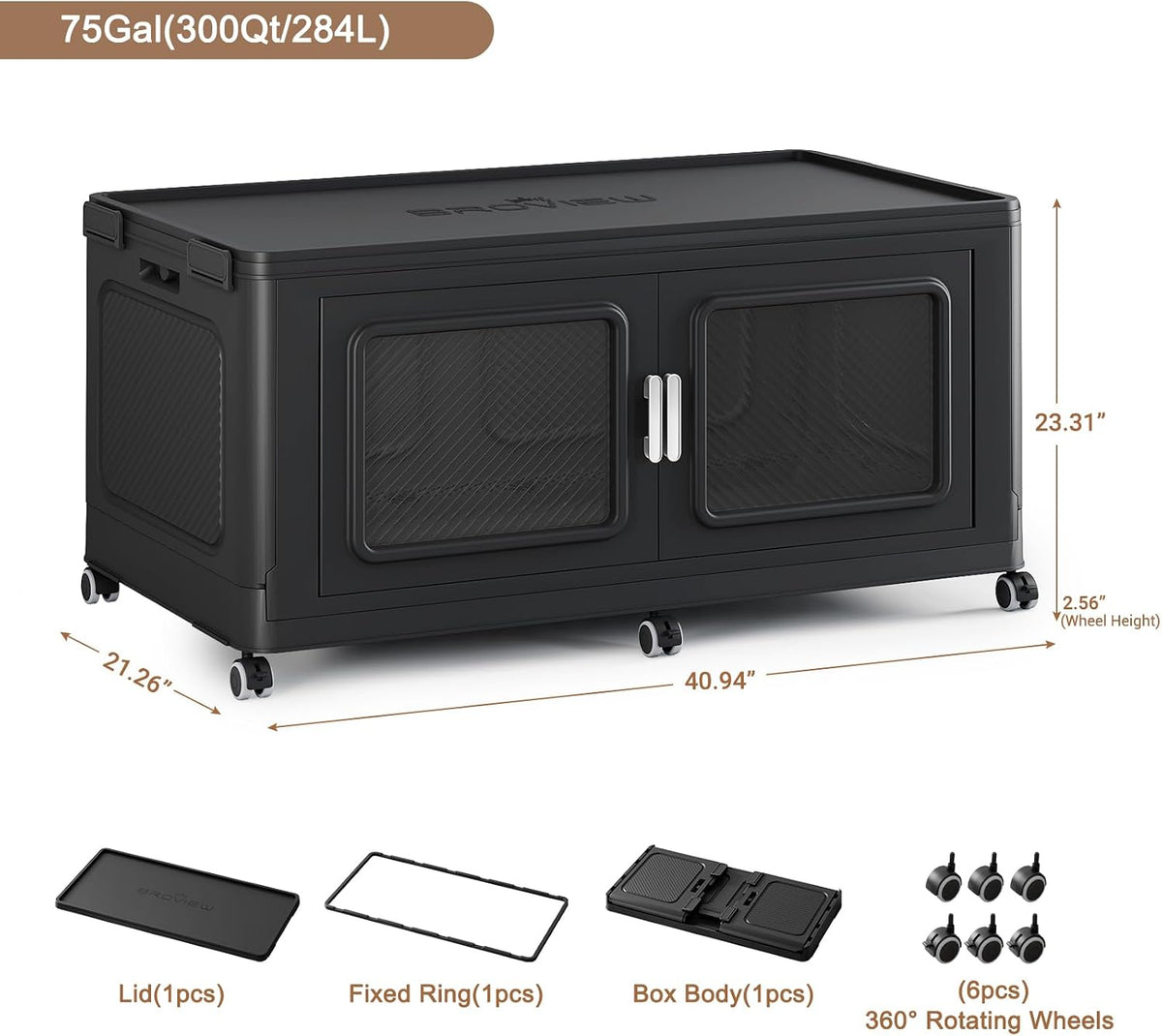 BROVIEW 300 Qt/75 Gal Stackable Storage Bins with Lids, 1 Pack, Black