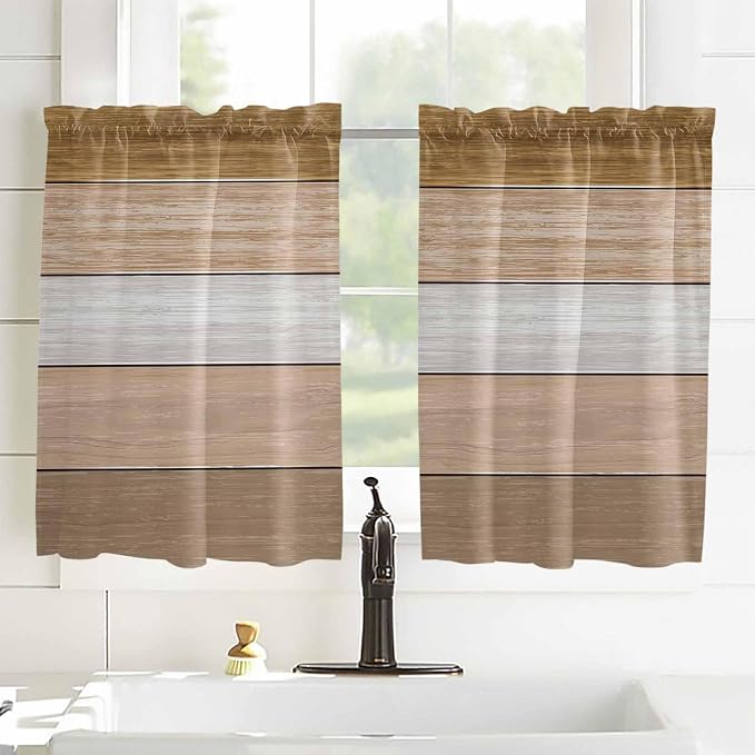 Retro Farm Wood Board Window Valance Curtains, 2 Panel