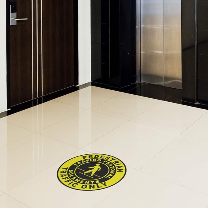 Spanish Safety Signs Floor Decals Pedestrian Traffic Only Yellow Anti-Slip Round Shape Business Industrial Stickers 17Inches Longer Side
