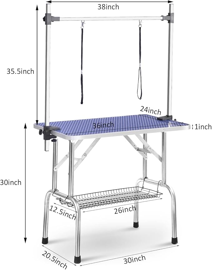 SoarFlash Pet Dog Grooming Table Foldable,Heavy Duty Foldable Pet Grooming Table with Arm & Noose & Mesh Tray, Maximum Capacity Up to 330lbs, 36inch, Blue