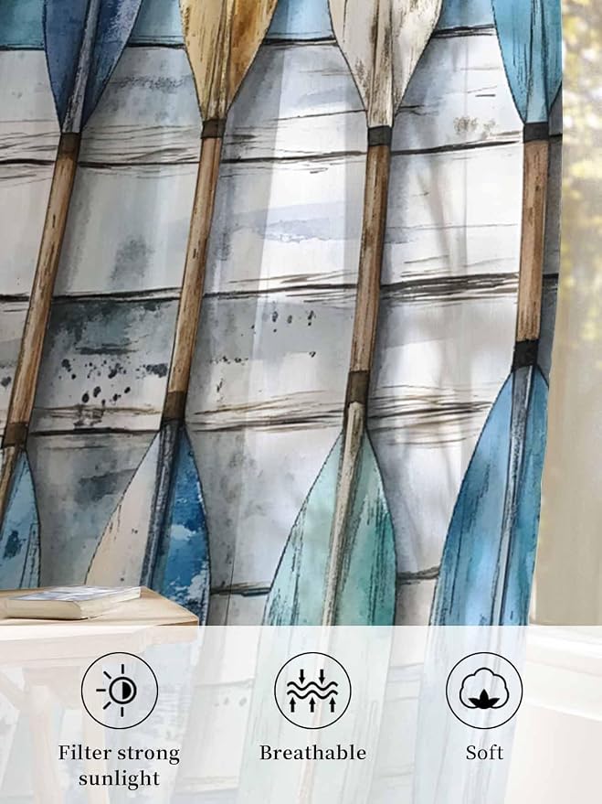 Sheer Curtains 96 Inches Long, Lake Paddle Striped Semi Sheer Curtains Light