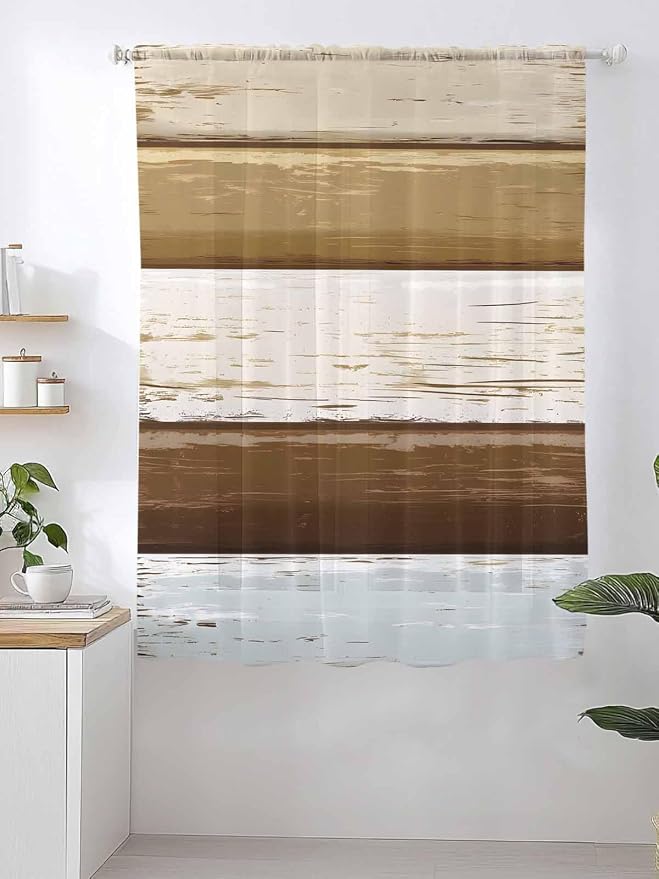 Sheer Curtains 72 Inches Long, Wood Grain Brown Semi Sheer Curtains Light