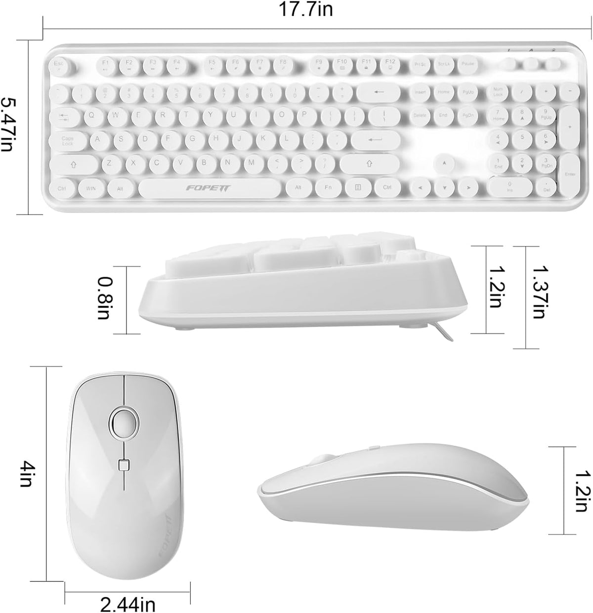 Wireless Keyboard and Mouse | Cute Colorful Keyboard and Mouse with 2.4GHz Cordless Retro Typewriter Keyboard | Auto-Sleep | USB Receiver for Windows PC/Laptop - White