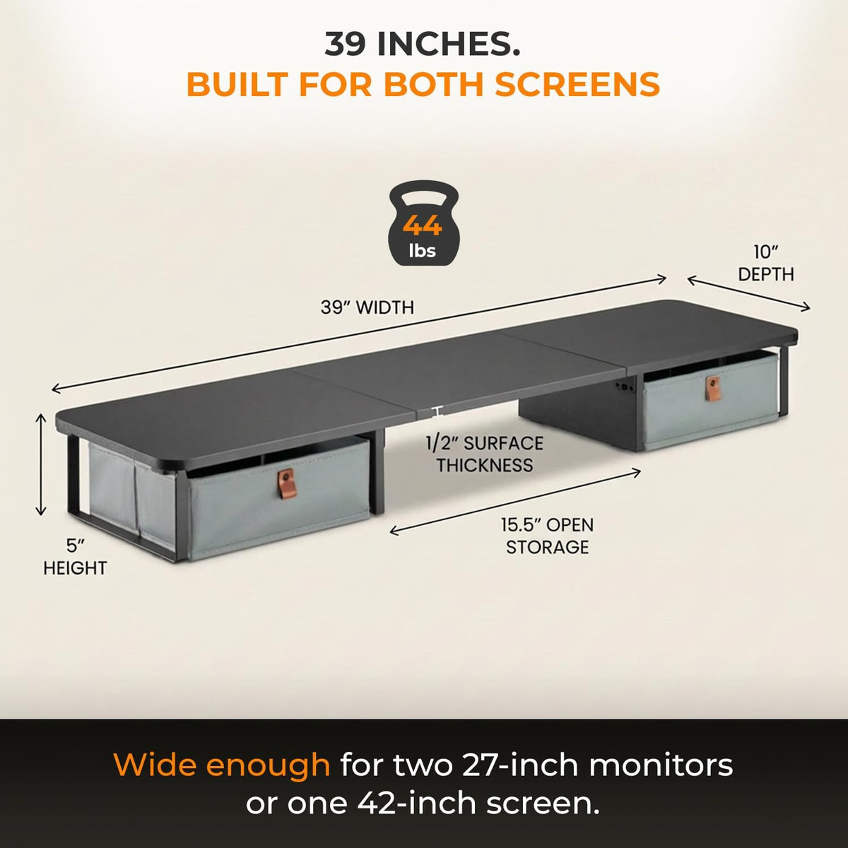 DuoStand Plus - 39” Dual Monitor Riser for Desk with 2 Drawers - Wood & Steel Double Monitor Stand with Storage - Desk Organizer Shelf for Desktop Computer, Laptop, TV & Printer (Matte Black)