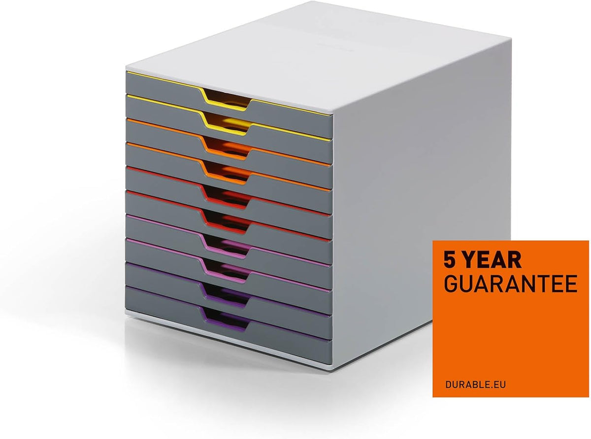 Durable Varicolor 10 Drawer Unit - Gray Desktop Drawer Set with 10 Color Coded Draws - Letter to Folio Size Files - Perfect for Storing Documents and Paper Work