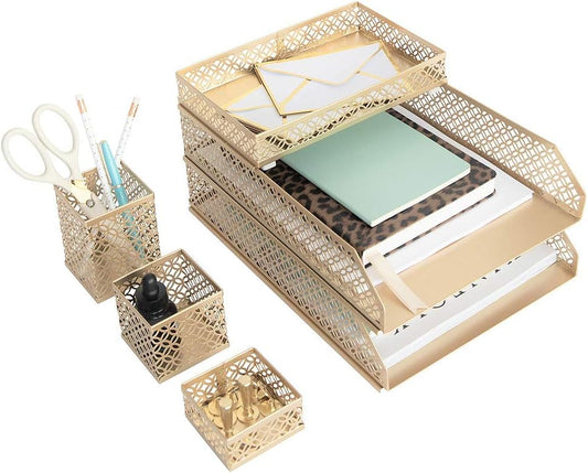 BLU MONACO | Gold Desk Organizer Set for Women 6 Piece | Mail Sorter Organizer Countertop with Letter Sorter for Desk | Steel Desktop Organizer with Mesh Pen Holders