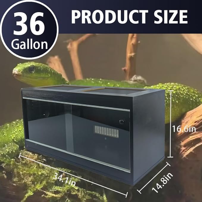 36 Gallon Reptile Enclosure, 34.1x14.8x16.6 Tank for Ball Python, Bearded Dragon, Snake, Gecko – Reptile Terrarium with Glass Sliding Door & Top Screen Ventilation