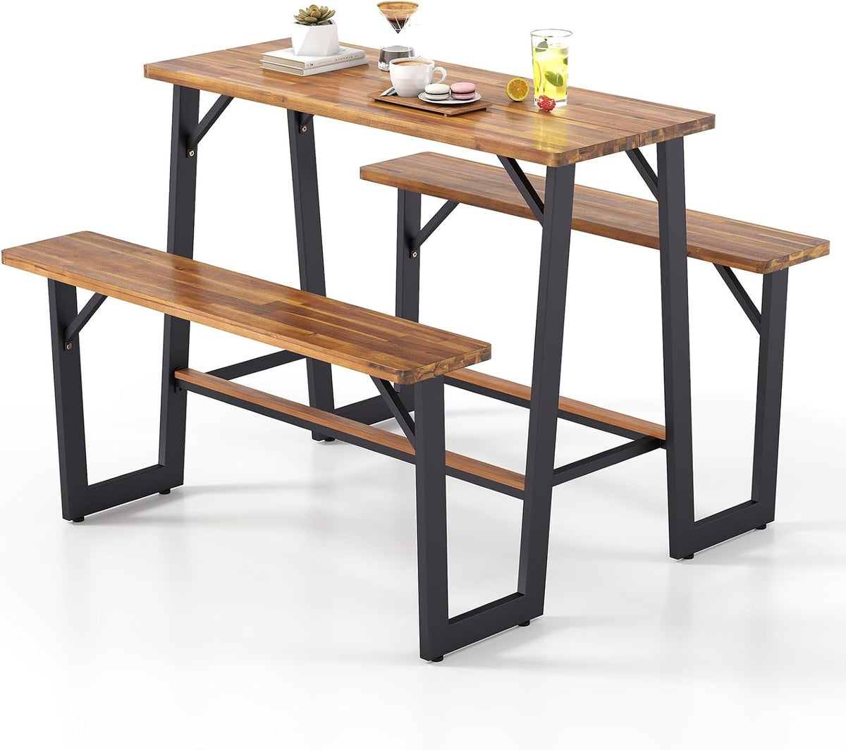 GIANTEX 4.5FT Picnic Table Bench Set for 4, Acacia Wood Outdoor Dining Table Set, Heavy Duty Metal Frame, Footrest Bar, Large Rectangular Tabletop for Porch Patio Lawn Garden
