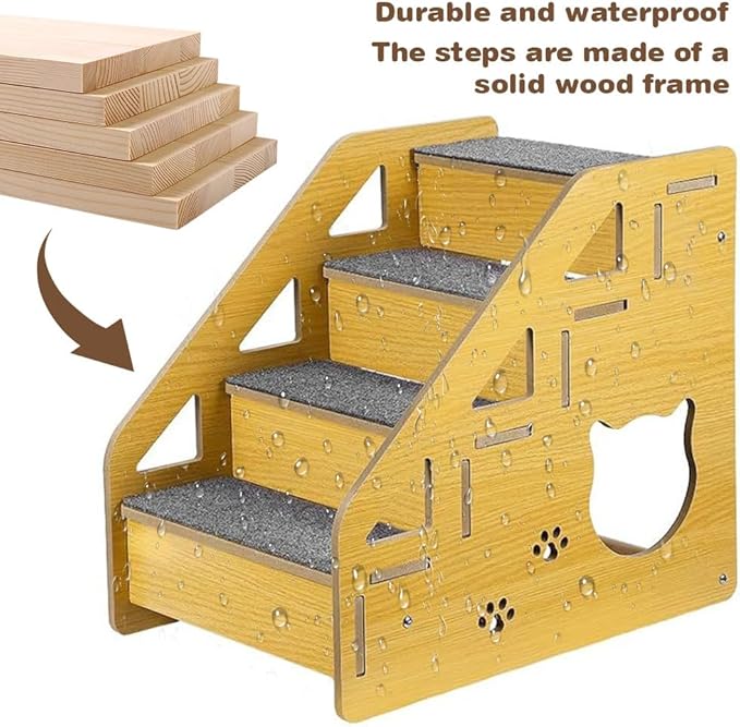 4-Step Wooden Pet Stairs Nonslip Carpeted Indoor Pet Steps Wooden Pet Ladder Pet Furniture for Dogs and Cats for Bed