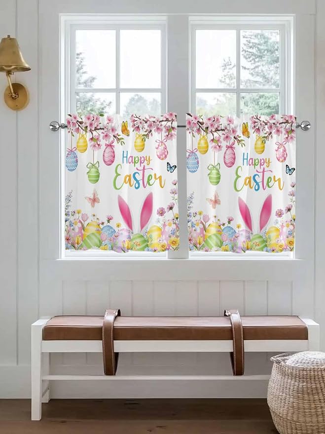 Happy Easter Half Window Curtains 24 Inches Long, Spring Watercolor Bunny Eggs