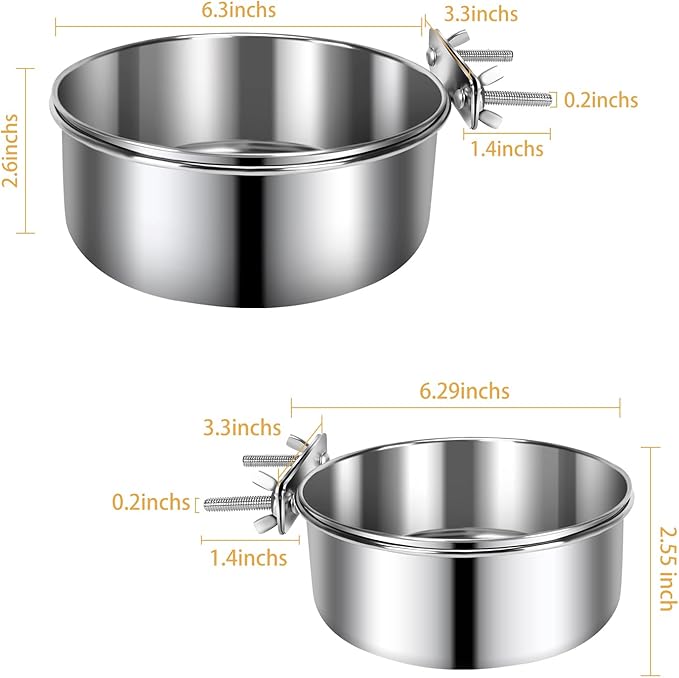 2 Pcs Large Pet Dog Food Water Bowl for Cage Stainless Steel Non-Spill Kennel Hanging Cats Bowls with Clamp Holder Crate Feeder Dish for Medium Large Dogs Huge Pets (7.1x2.5'' & 6.3x2.4'')