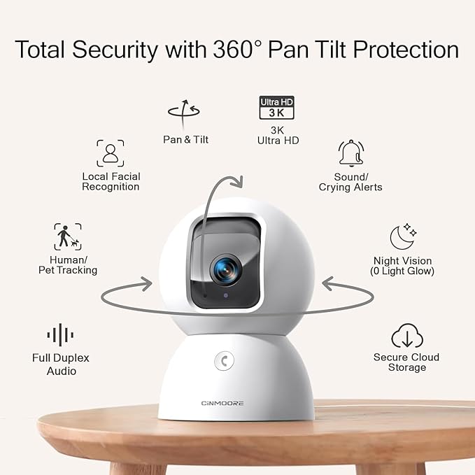 Upgraded 3K Security Camera Indoor, Free Time Lapse, AI Tracking & Face ID, PTZ 5G WiFi Dog/Pet/Baby Monitor Cameras for Home Security, Color Night Vision, Full Duplex 2-Way Talk