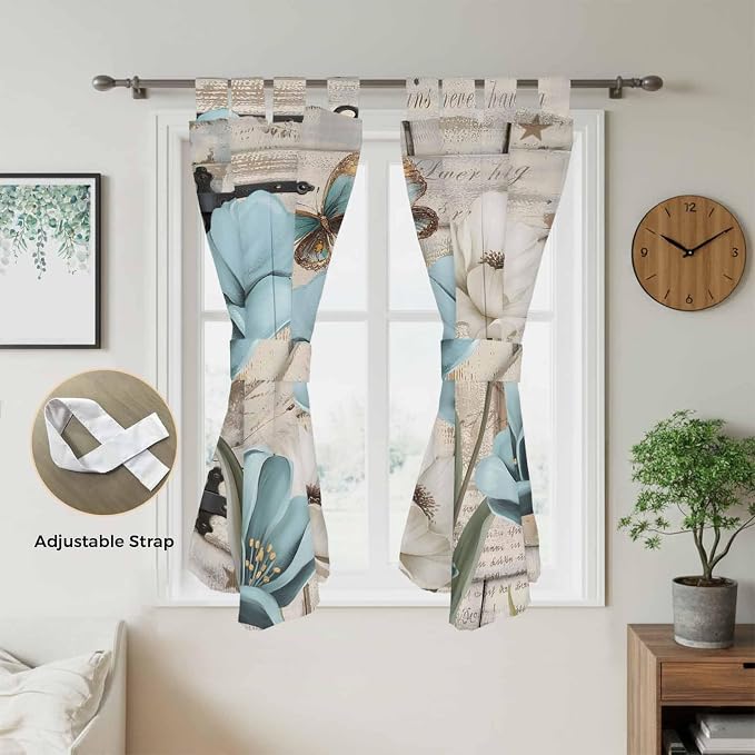 Teal Blue Tulips Bedroom Curtains 72 Inch Length, Window Curtains Tab Top