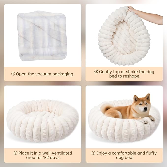 Donut Dog and Cat Bed, Luxurious Comfortable Faux Rabbit Fur Pet Beds, Soft Anti-Anxiety Calming Puppy Kitten Bed with Anti-Slip Bottom for Small Dogs & Cats(20", White)