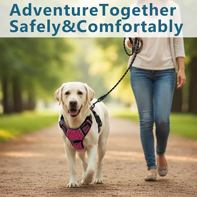 BARKBAY Dog Harness No Pull with ID Tag Pocket - Heavy Duty, Reflective, Easy Control for Large Dogs(Pink/Black,L)