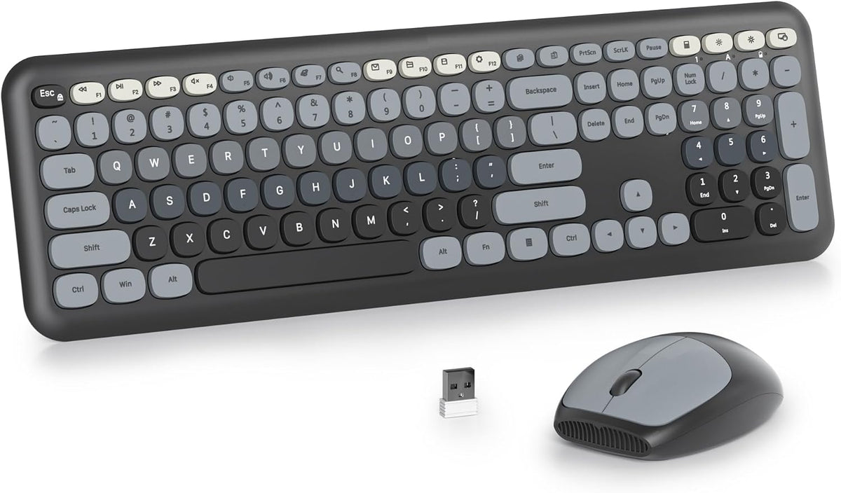 Wireless Typewriter Keyboard and Mouse Combo Retro 104 Key Full Size Office Set Black and Gray Keyboard with Silent Round Keycaps, Ideal for Laptop and Desktop PCs, Cute Design Keyboard