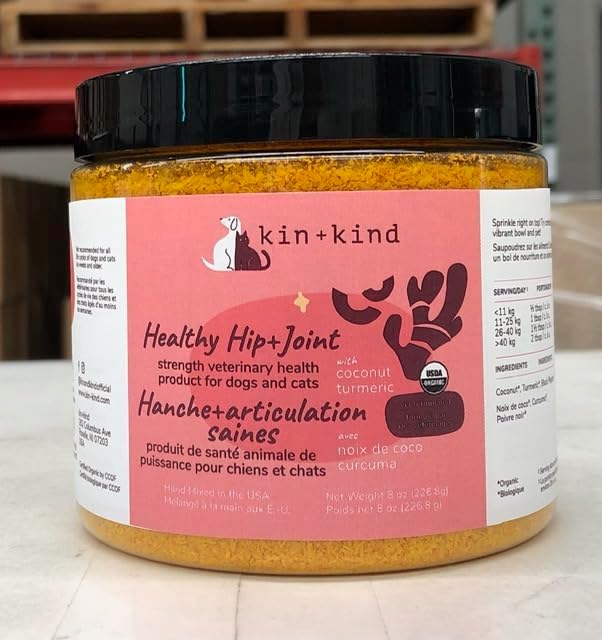 kin+kind Hip+Joint Supplement Dogs & Cats - Vet Formulated Natural Formula with Organic Turmeric, Black Pepper and Coconut- Made in USA - 8 oz (Large)