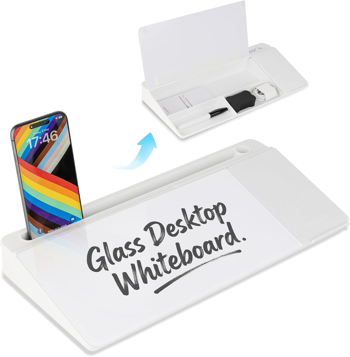 Glass Desktop Whiteboard, Wireless Charger White
