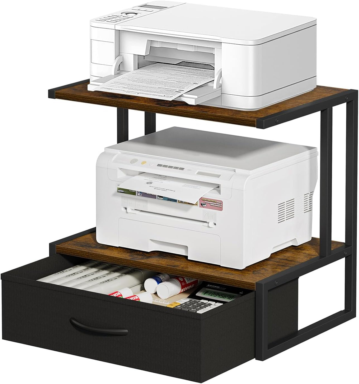 Printer Stand with Storage for Desk, with Fabric Drawer Desktop Printer Stand Shelf Organzier for Home Office, for Above and Under Desk Printer Table, Fax Machine Copier Scanner, Brown