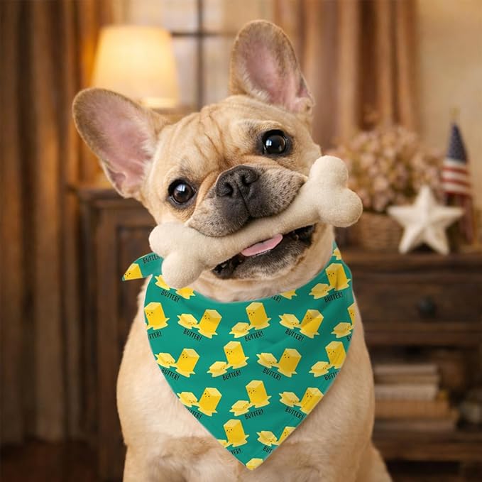Butter Pattern Dog Bandana, Funny Food Themed Pet Kerchief, Butter Cartoon Print Adjustable Triangle Dog Scarf, Comfortable Dogs Bandana for Small Medium Dogs