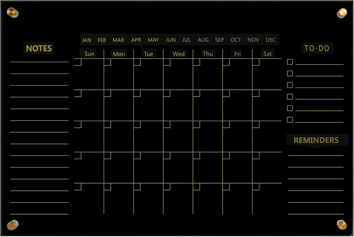 Black Acrylic Calendar Dry Erase for Wall, Family Planner, Monthly Calendar Dry Erase Whiteboard for Home, Office, 24" x 16"Reusable White Board（(Acrylic-BK-4060)