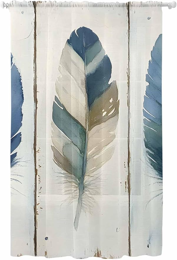 Sheer Curtains 96 Inches Long, Boho Blue Feathers Semi Sheer Curtains Light