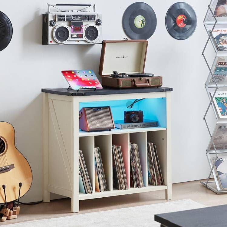 Joaxswe Large Record Player Stand with Charging Station & LED Lights, Vinyl Records Storage Holder Cabinet Holds up to 230 Albums, Turntable Stand for Music Room, Bedroom, Living Room, Office (White)