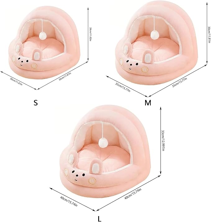 Cat Bed for Indoor Cats, Dog Bed with Anti-Slip Bottom, Rabbit-Shaped Cat/Small Dog Cave with Hanging Toy, Puppy Beds with Removable Cotton Pad, Super Soft Calming Pet Sofa Bed (Pink, Large)