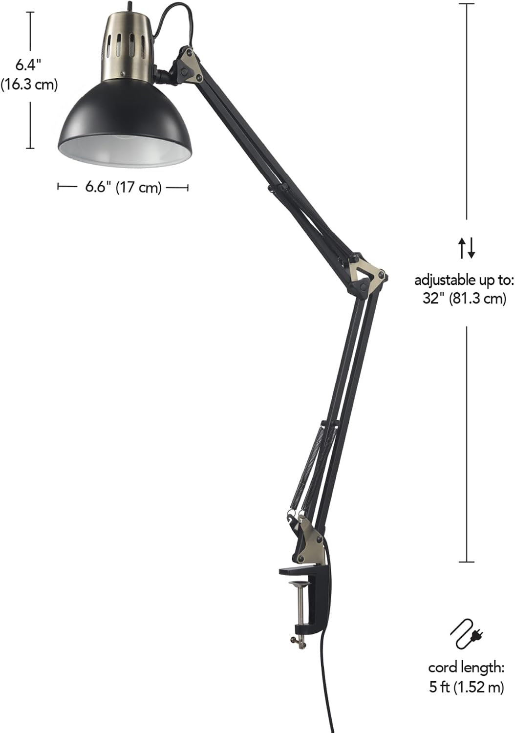 Globe Electric 62000009 32" Multi-Joint Desk Lamp with Metal Clamp, Matte Black, Antique Brass Accents, On/Off Rotary Switch on Shade, Partially Adjustable Swing Arm, Home Décor, Office Accessory