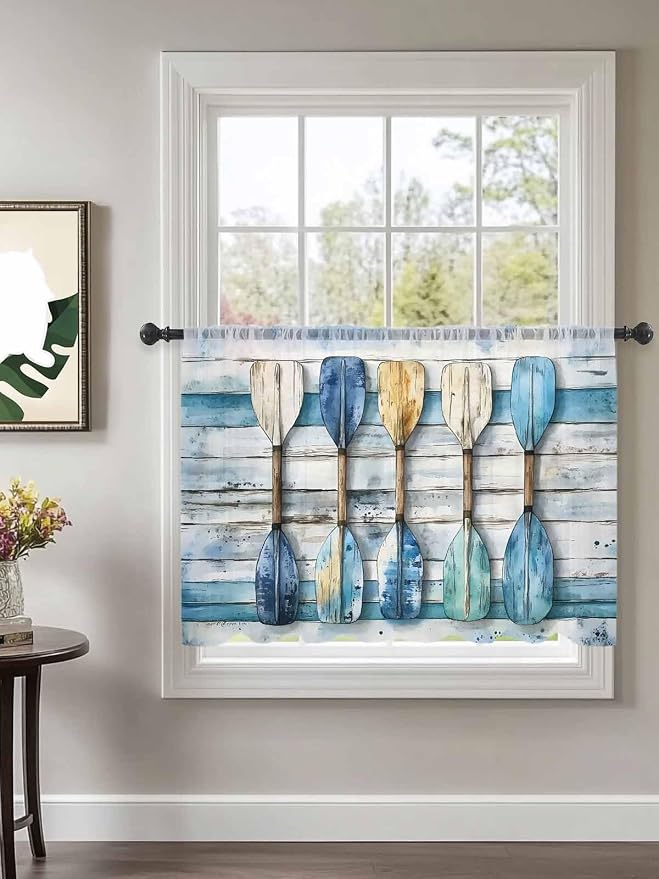 Sheer Curtains 45 Inch Length, Lake Paddle Striped Semi Sheer Curtains Light