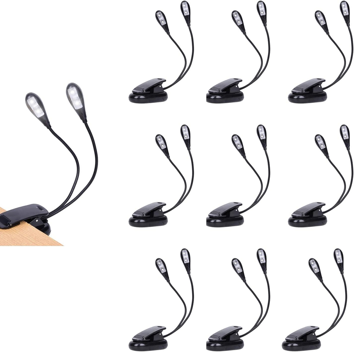 10 Pack Music Stand Lights - Musician Piano Light Clip On, USB & AAA Battery Powered, Eye Care & Portable, LED Book Reading Lamp, 4 Brightness, Ideal for Orchestra, Sheet Music, Guitar (Dual Arm)