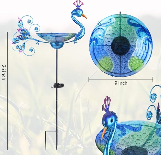 MUMTOP Outdoor Bird Bath Solar Birdbath Small Birdfeeder with Peacock Metal Stake for Garden Yard Decor