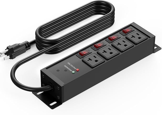 CCCEI Heavy Duty Surge Protector Power Strip 20 Amp Individual Switches. 15FT 12 Gauge Extension Cord with Multiple Outlets. Kitchen, Garage, Shop, Industrial Wall Mount Electric Extender, Black.
