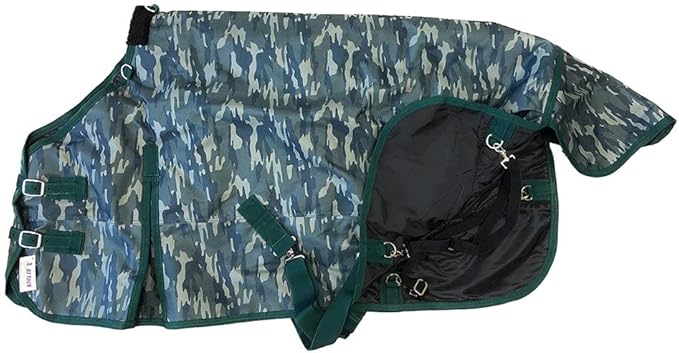 AJ Tack 1200D Waterproof Winter Horse Blanket with Hood - 400g Heavyweight Turnout with Fleece Collar, Shoulder Gussets & Tail Flap - Camouflage 84"