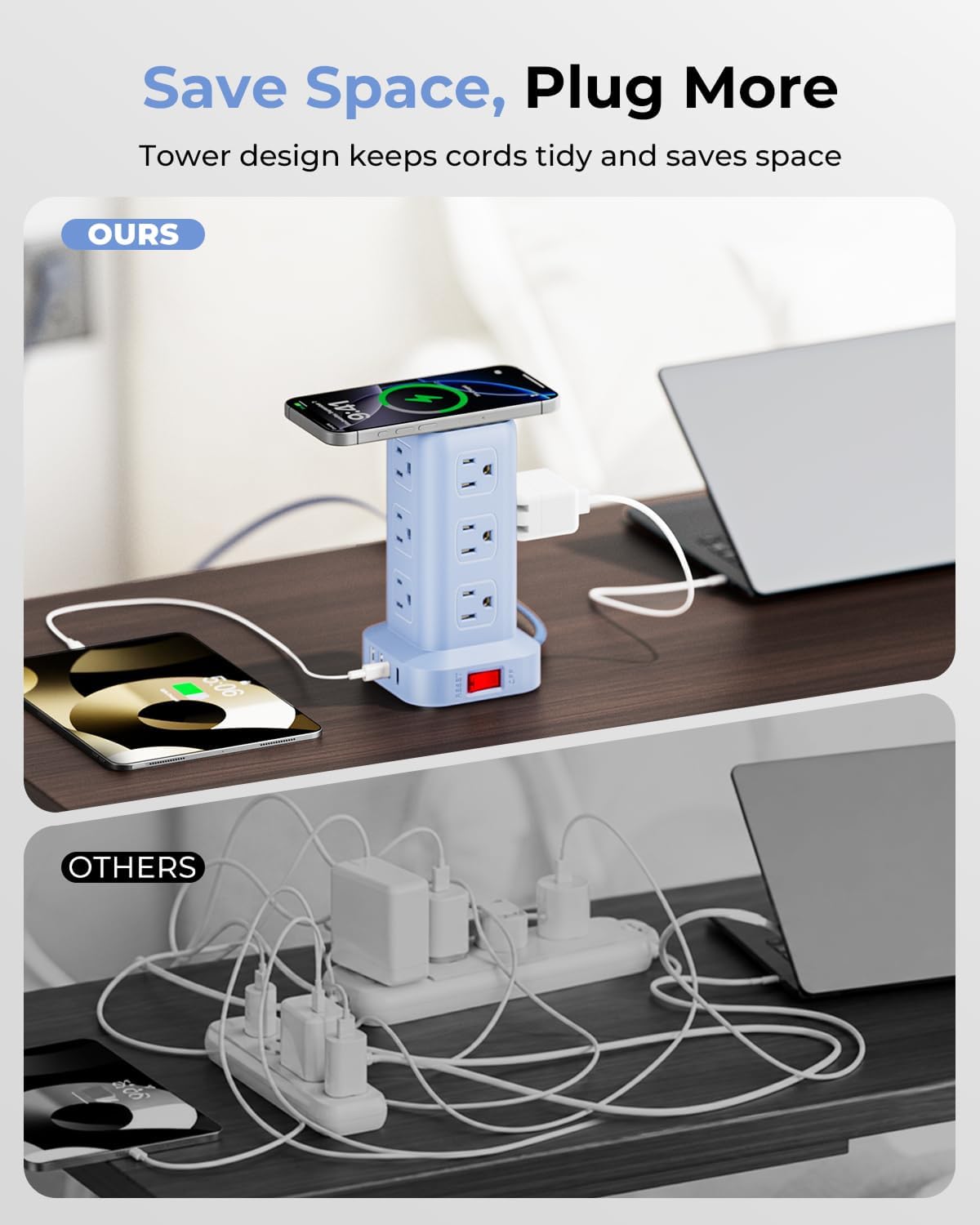 Blue Power Strip with 12 Outlets 4 USB (1 USB C), 6.5Feet Extension Cord with Multiple Outlets, Charging Station, Power Strip Tower, Home Office Desk Supplies