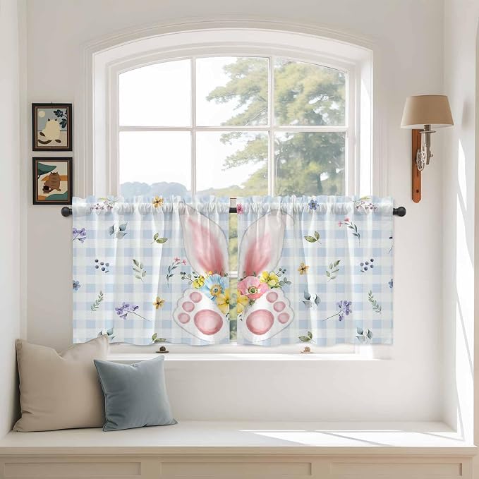 Easter Kitchen Tier Curtains 36 Inch Long 2 Panel Set, Rod Pocket Half Window