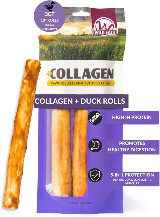 Wild Eats Collagen Chews - Stick Dog Treat for Medium & Large Dogs (10" 3ct, Real Duck) - Long Lasting, Rawhide Free, Low Fat, Grain Free Retriever Rolls