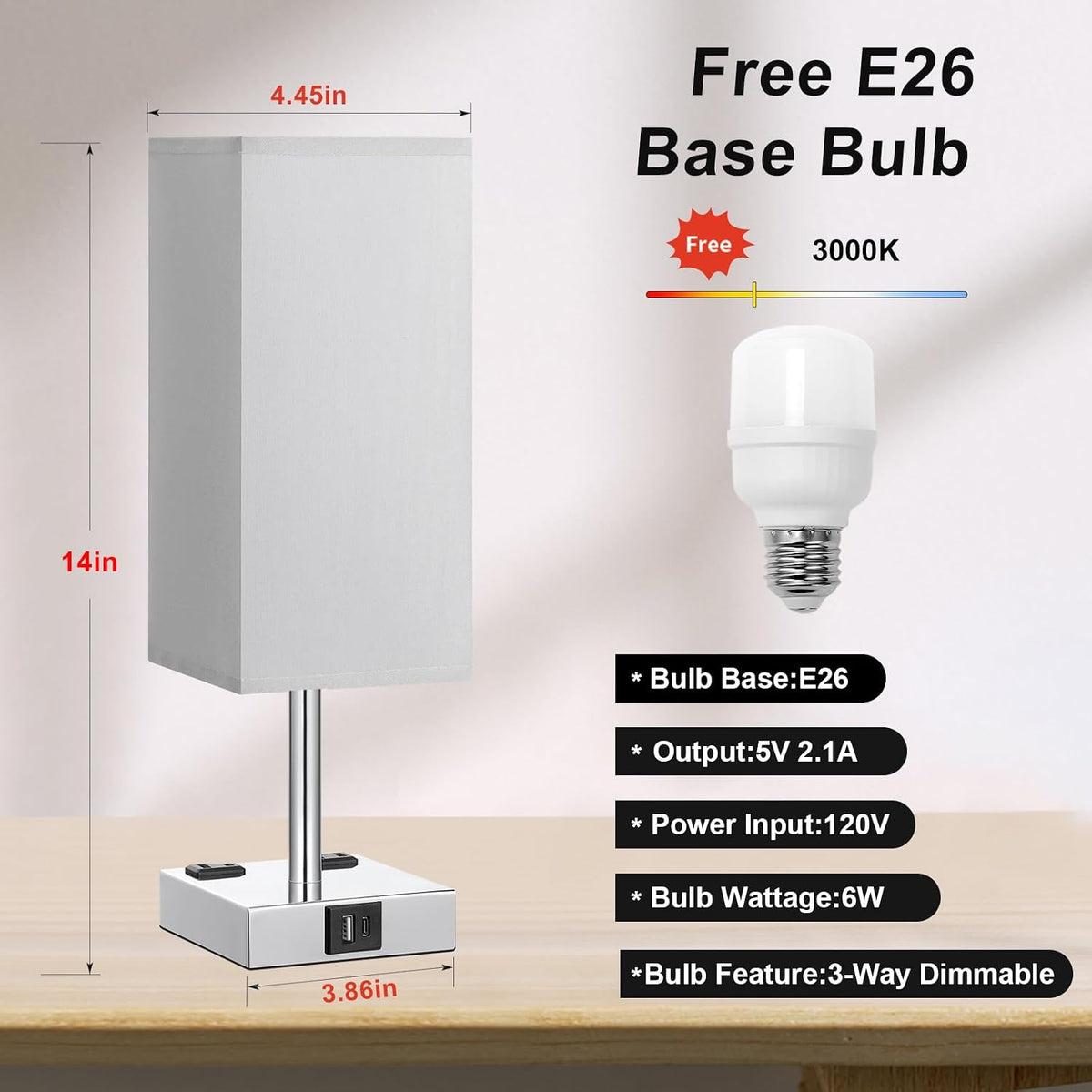 Set of 2 Grey Touch Table Lamp for Bedroom, Dimmable, USB C+A, 2 AC Outlets