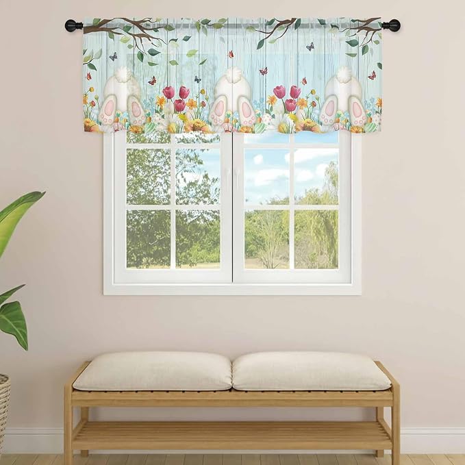 Easter Sheer Valances for Windows 42"x18", Light Filtering Kitchen Curtains