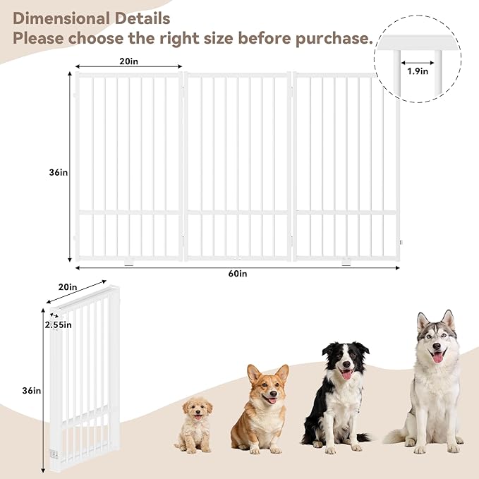 Full Metal Freestanding Dog Gate with Door, 36''Height Foldable Pet Dog Fence for Indoor & Outdoor, 3 Panels Extra Wide Free Standing TallDog Gates for Doorways,House,Stairs,Porch,Deck,Yard