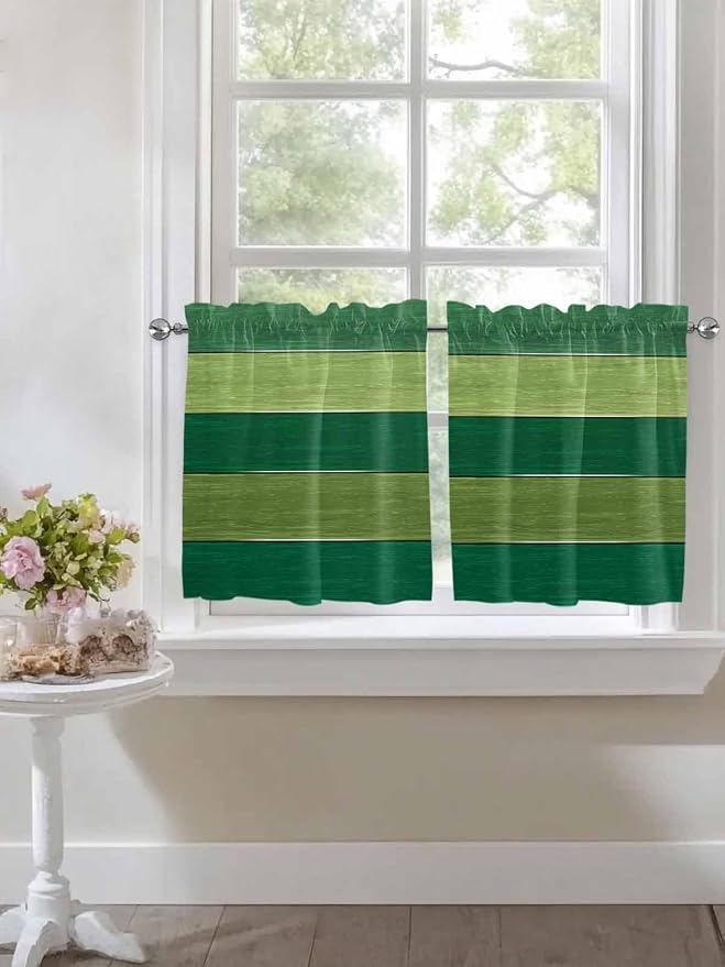 Farm Retro Green Wood Grain Window Valance Curtains, Rustic Wooden Plank