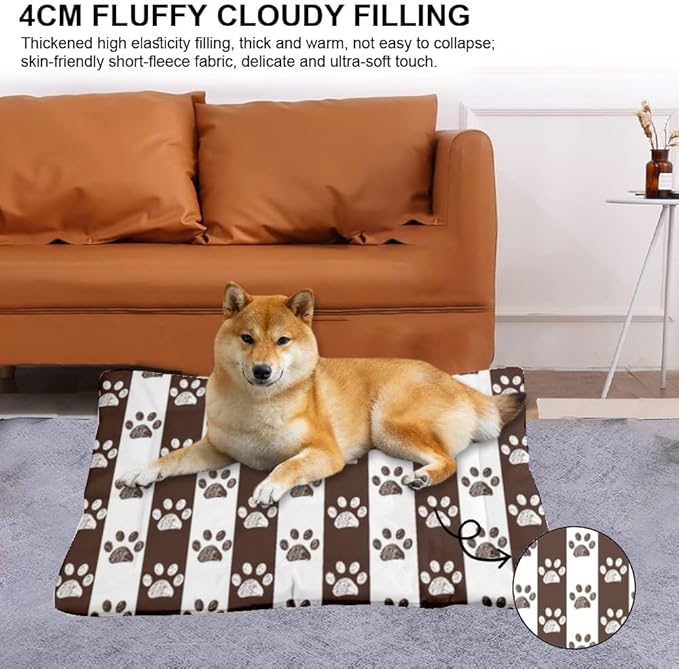 Brown Paw Print Stripes Washable Dog Bed Pet Crate Mat Puppy Pads Dog Crate Liner Pad Washable Non-Slip Cushion Bed for Small Dogs Sleeping Mat Small Indoor Outdoor 24X18 Inch