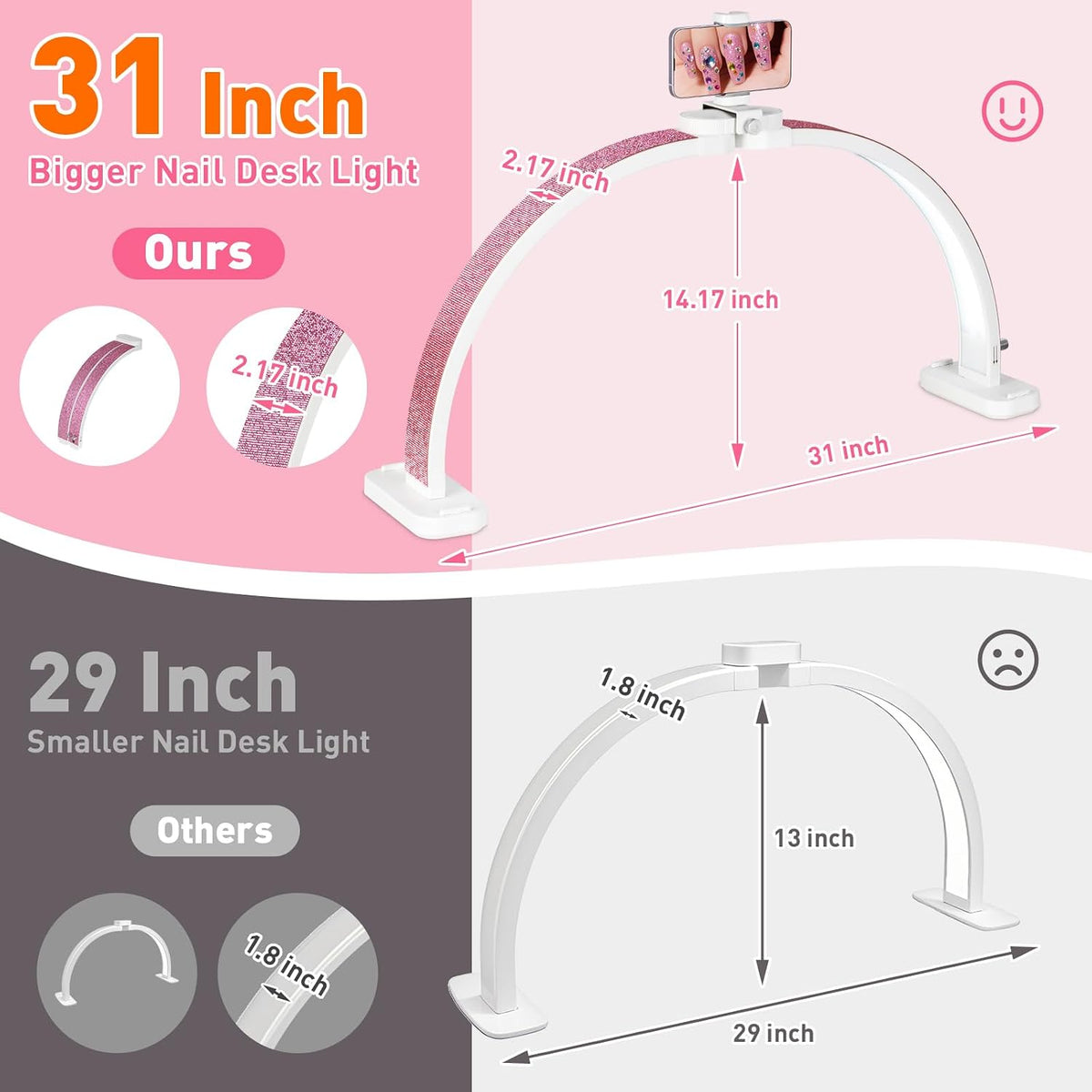HITTI Super Large 31in Half Moon Light for Nail Desk, Crystal Diamond White