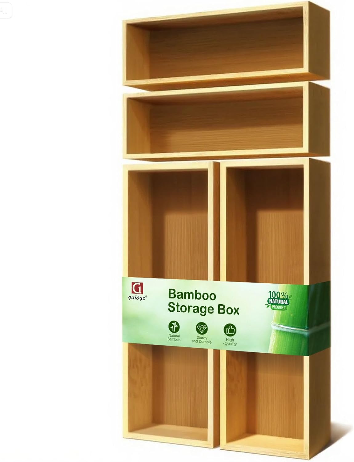guiogc Bamboo Drawer Silverware Organizer, Kitchen Small Silverware Organizer Set of 4 (Large 14.2"x5"x1.97", Small 9.85"x3.55"x1.97") for Office Bathroom Storage and RV