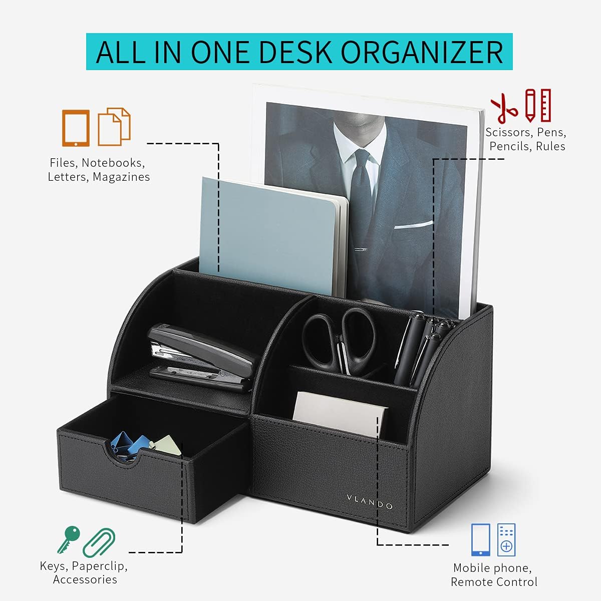 VLANDO Desk Organizer with Drawer, Leather Office Storage Caddy, Black