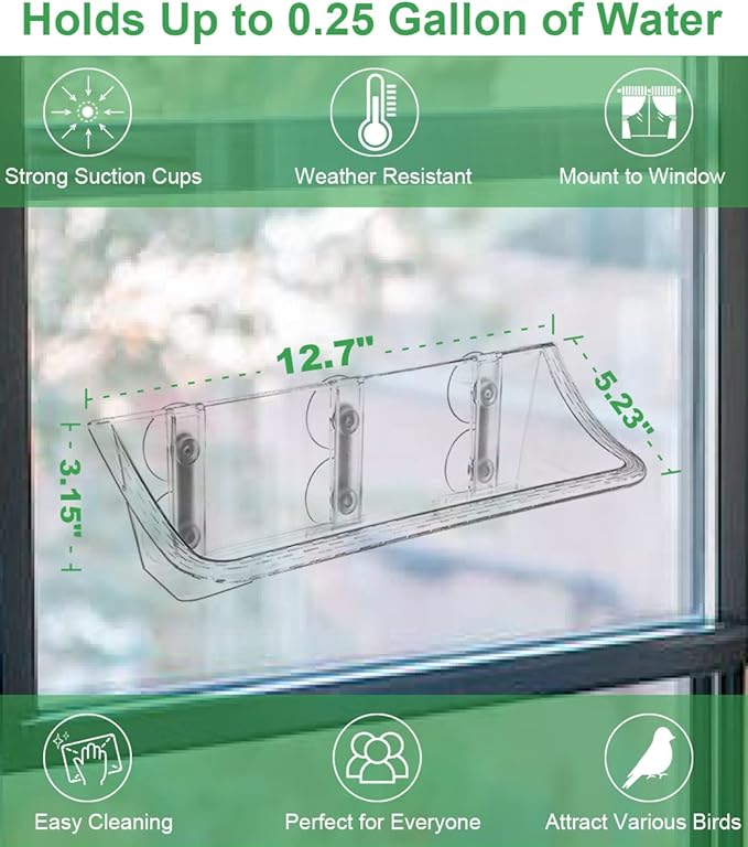 Clear Window Mounted Bird Feeder Bath with Strong Suction Cups for Outside, Transparent Glass Birdfeeder Birdbath for Cats, Kids, Elderly Viewing, 2 Pack