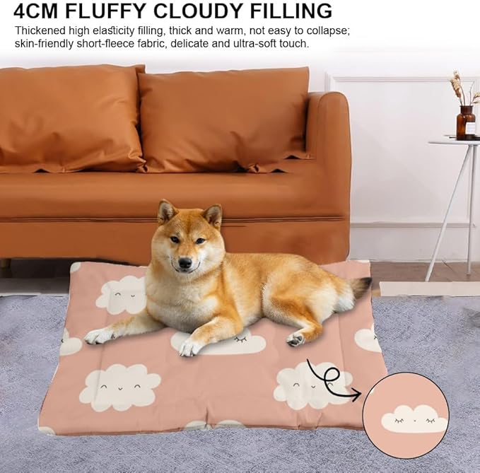Cute Pink Clouds Dog House Bed Dog Crate Mattress Cage Pads Bed for Small Crate Washable Non-Slip Bedding Medium Size Beds Pet Mats Cage for Small Pets Indoor Outdoor 36X24 Inch